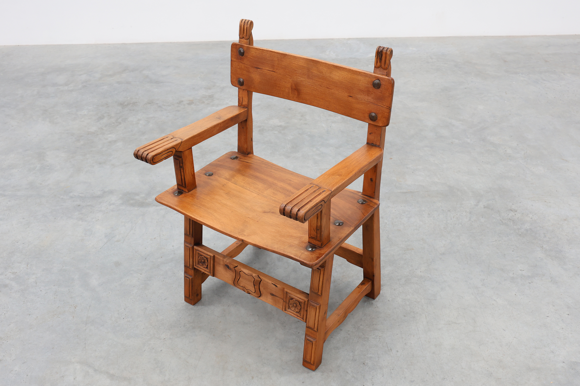 Pair of 2 Rustic carved oak side chairs, Spain ca. 1900thumbnail